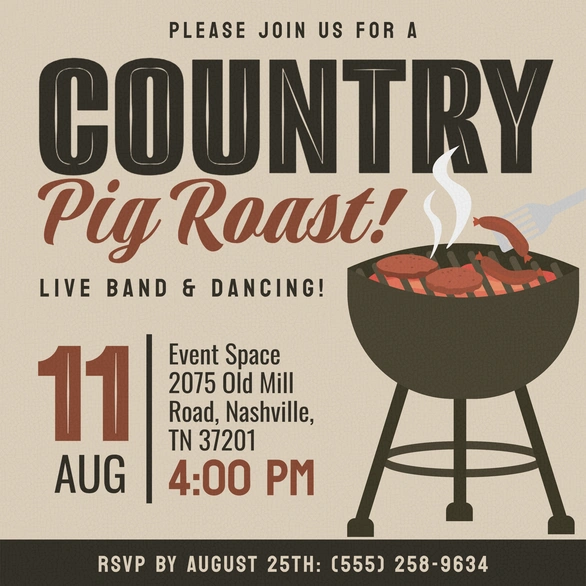 Invitation for a country-style pig roast event