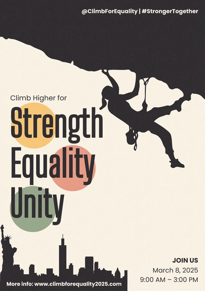 Climbing event poster promoting equality and unity