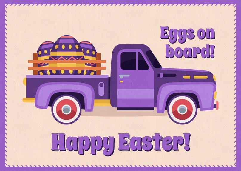 Easter greeting card with a truck carrying eggs