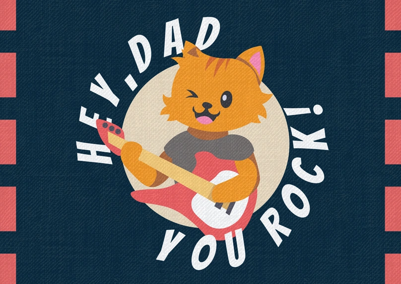 A card featuring a cartoon cat playing a guitar with a message for dad.