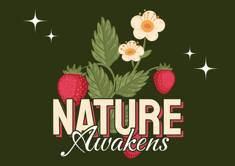 Nature illustration with strawberries and flowers