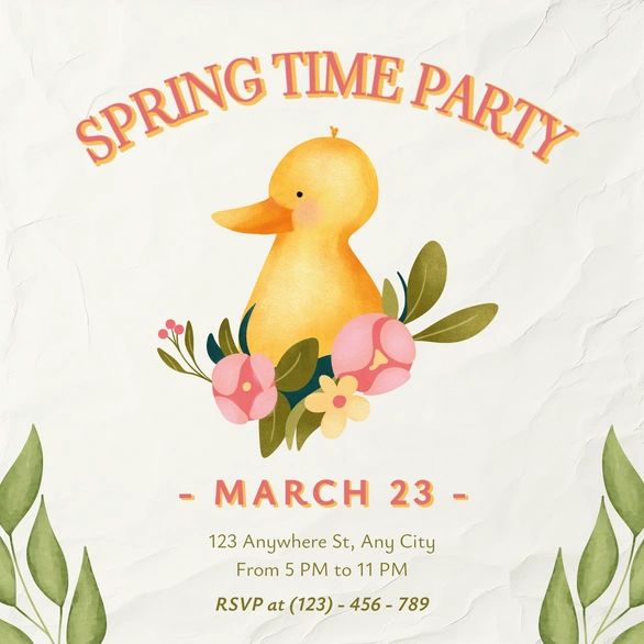 Spring time party invitation with duck and floral elements.