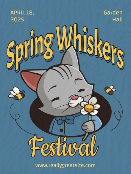 Spring Whiskers Festival invitation featuring a cute cat with a flower and bees.