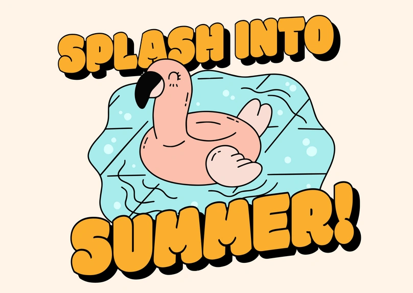 Illustrated flamingo in a pool with summer text