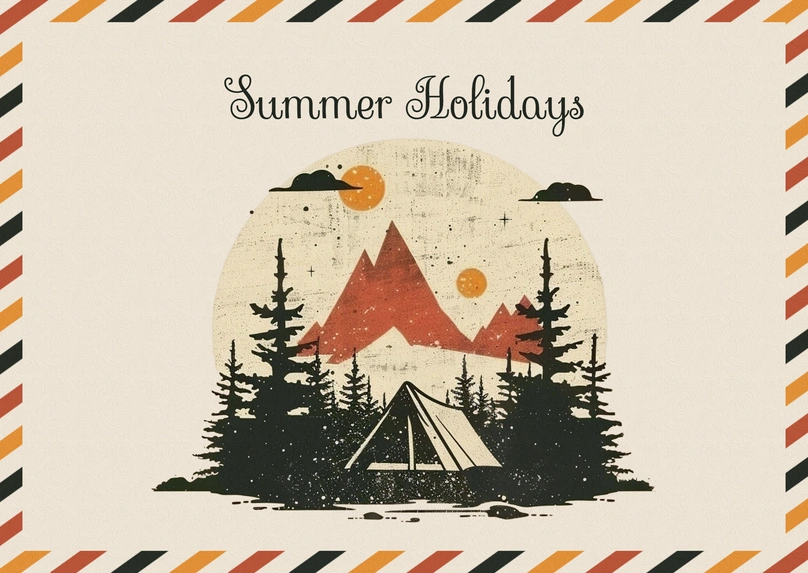 Camping scene with mountains and trees