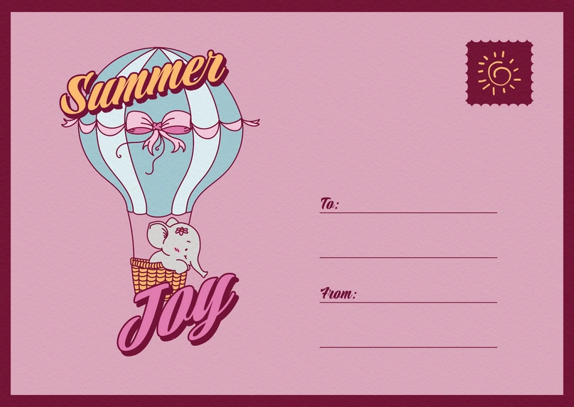 Summer-themed postcard featuring whimsical design elements like an elephant in a hot air balloon