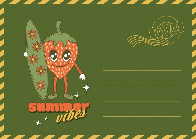 Cute strawberry character with a surfboard