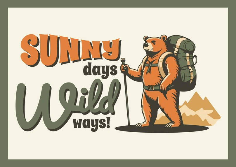 Illustration of a bear hiking with a mountainous backdrop