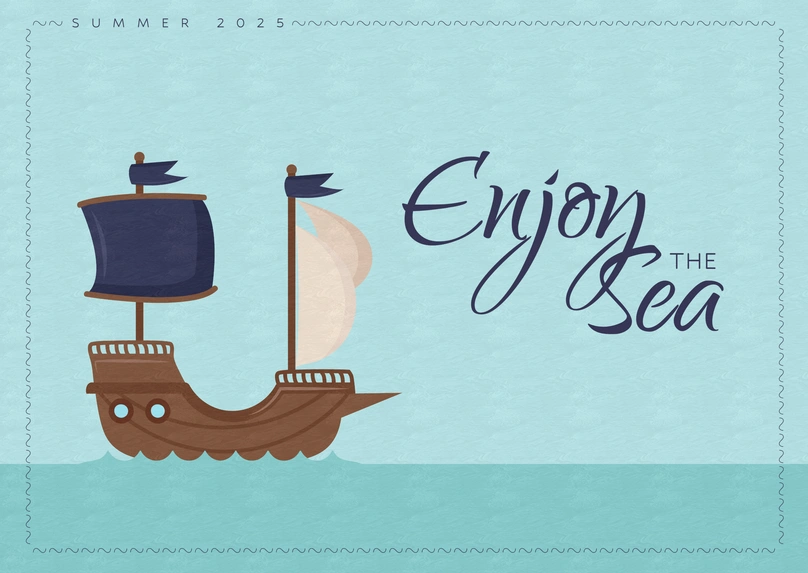 Illustration of a sailing ship with text 'Enjoy the Sea'