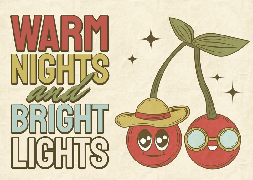 Anthropomorphic cherries enjoying a warm night