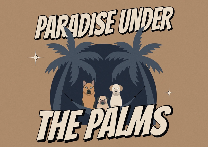 Three cartoon dogs under palm trees