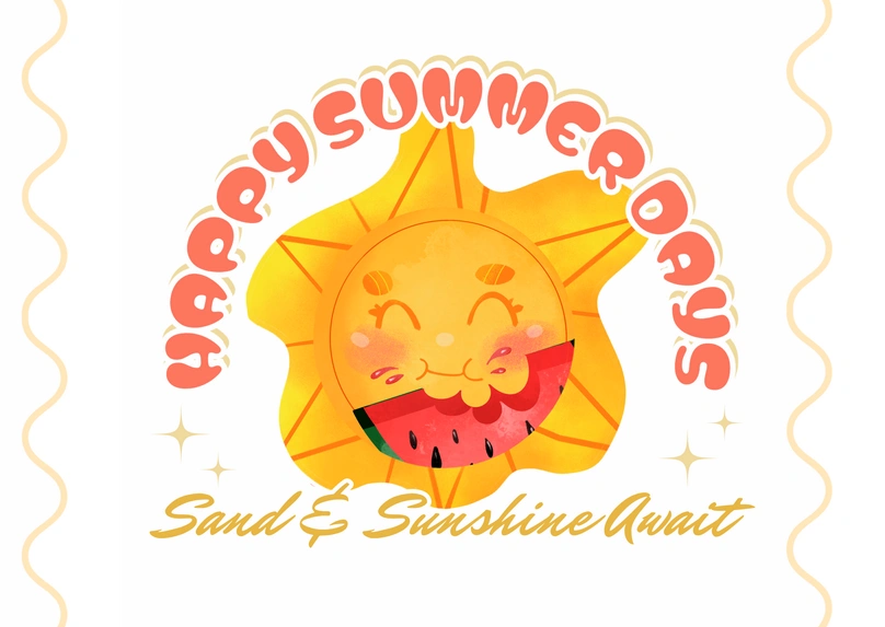 A cheerful sun illustration with a watermelon slice