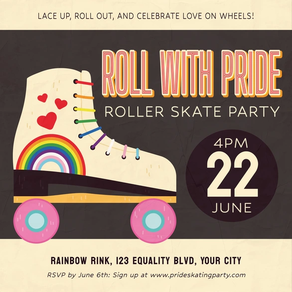Roller skate party invitation celebrating Pride