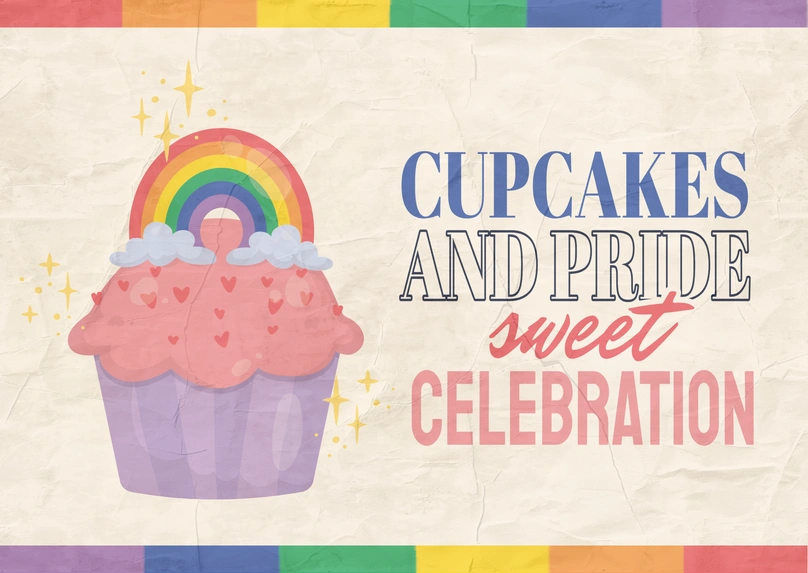 Pride-themed celebration with cupcake illustration