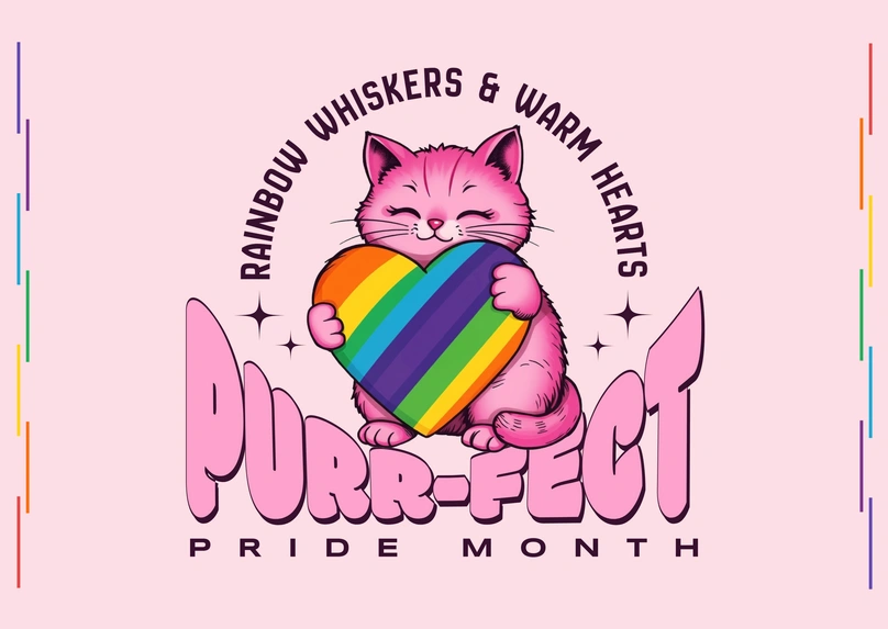 Pride Month celebration with a cat holding a rainbow heart