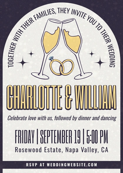 Invitation to a wedding celebration with dinner and dancing.