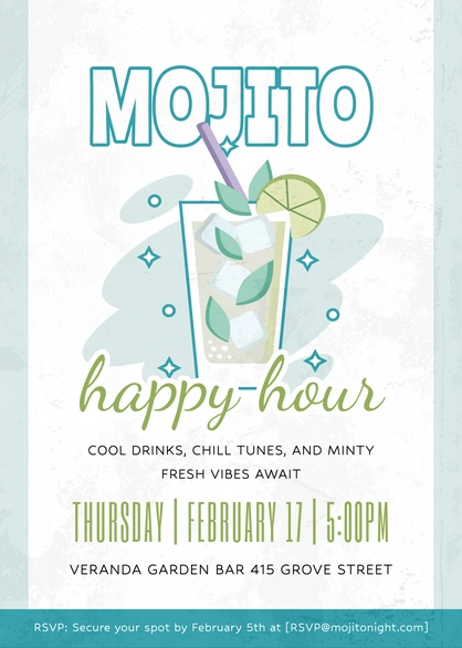Event invitation for a mojito-themed happy hour.