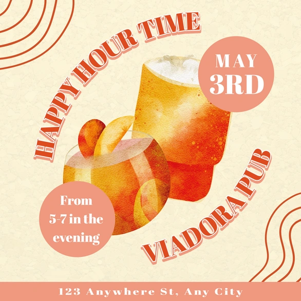Promotional flyer for a happy hour event at Viadora Pub