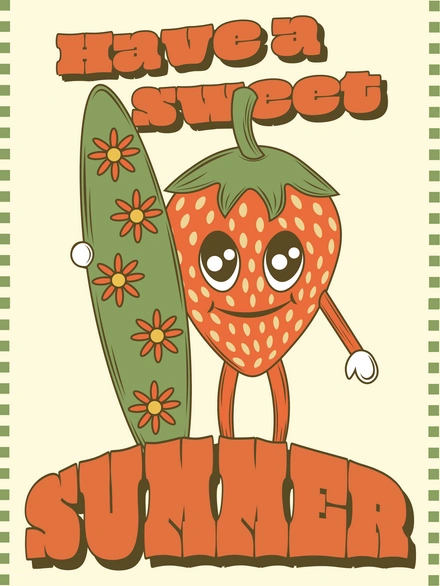 Illustrated Strawberry with Surfboard