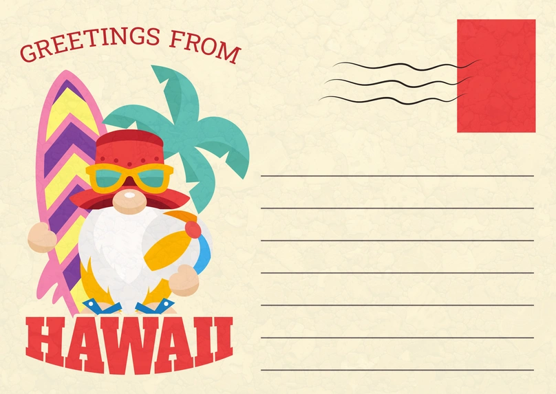 Beach vacation postcard with a cartoon character