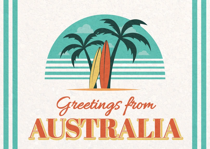 Illustration of a tropical scene with palm trees and surfboards