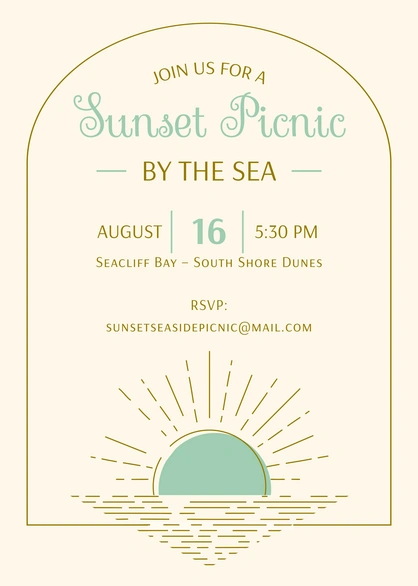 Invitation for a seaside picnic at sunset.