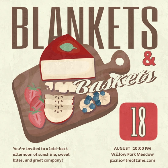 Casual picnic invitation featuring food illustrations.