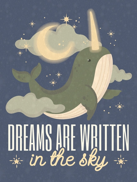 Narwhal in the sky with moon and stars
