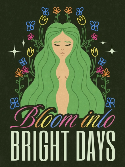 A stylized illustration of a woman surrounded by flowers