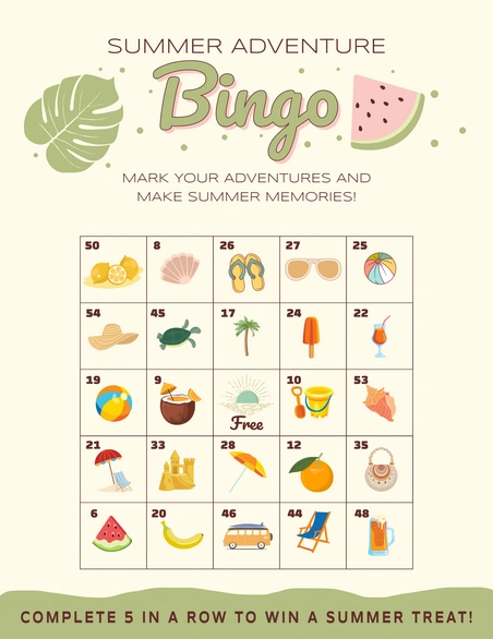 Summer Themed Bingo Card