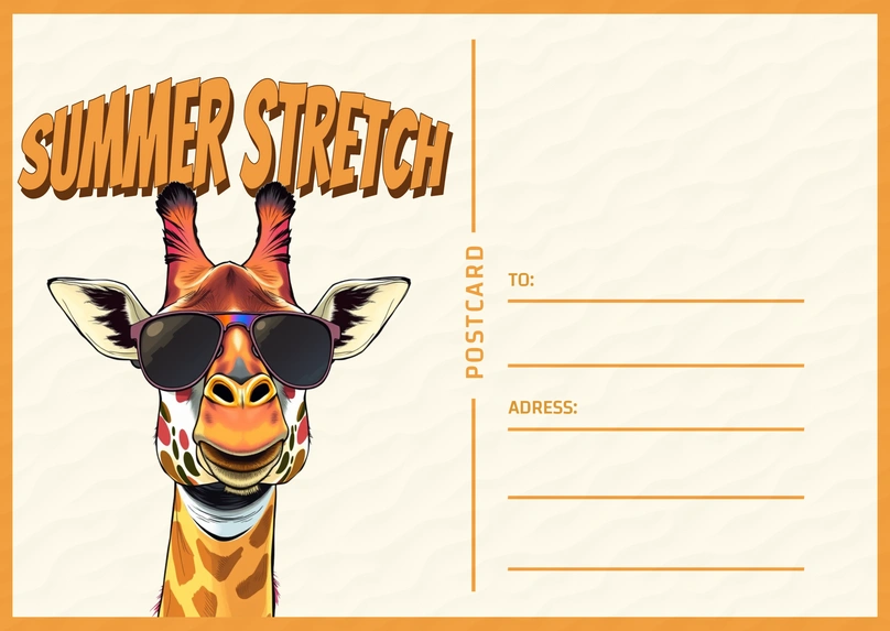 A fun and playful postcard design featuring a giraffe with sunglasses.