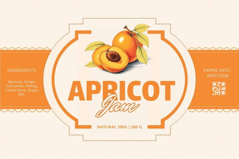 Apricot jam product label with ingredients and expiration date