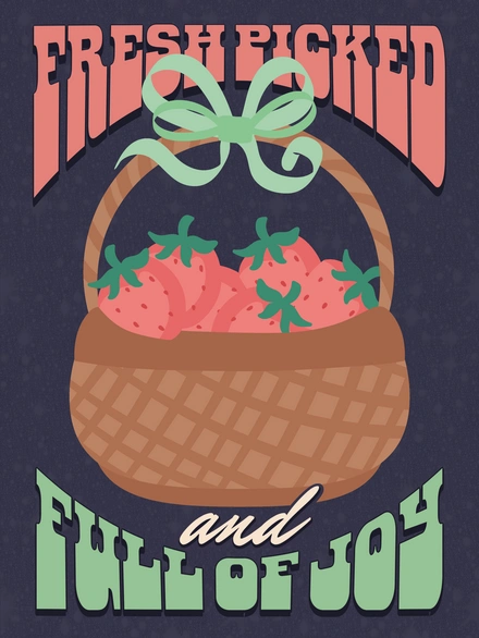 Strawberries in a basket with decorative text