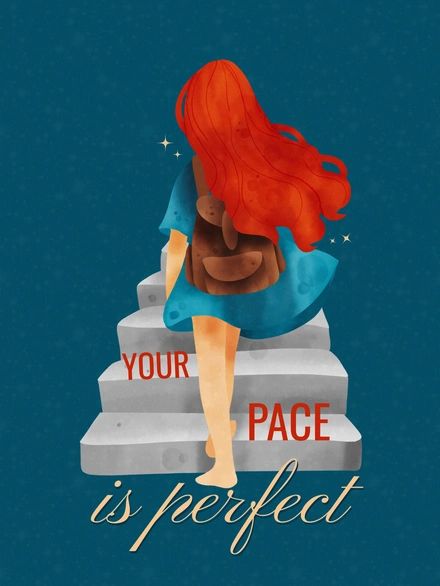 Illustration of a person walking up stairs with motivational text