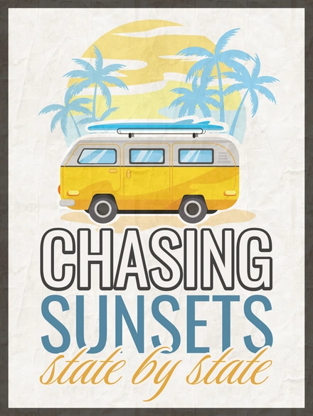 A yellow van with a surfboard in a tropical setting