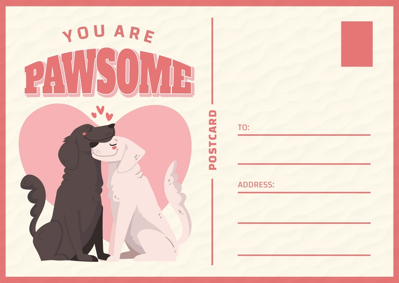 Illustrated postcard design featuring affectionate dogs
