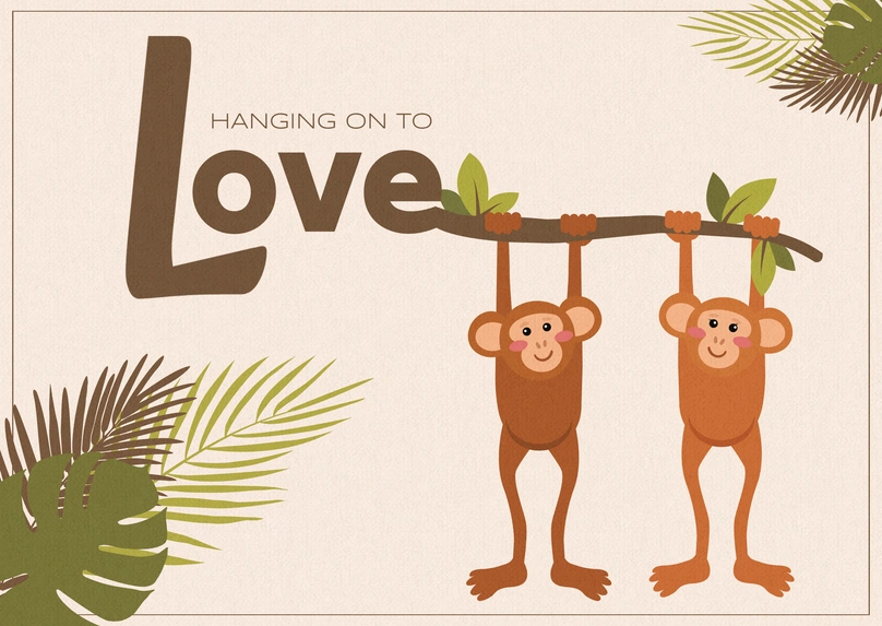 Two cartoon monkeys hanging from a branch surrounded by leaves.