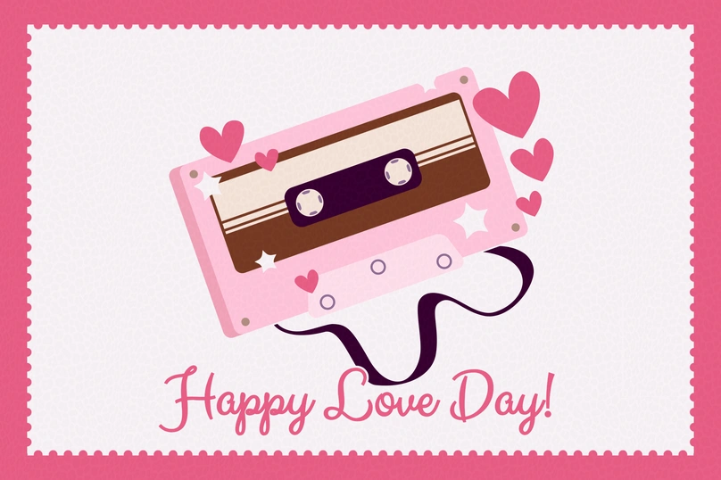 Valentine's Day Card with cassette tape and hearts