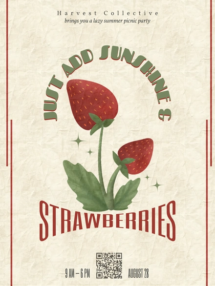 Strawberry-themed summer picnic party poster