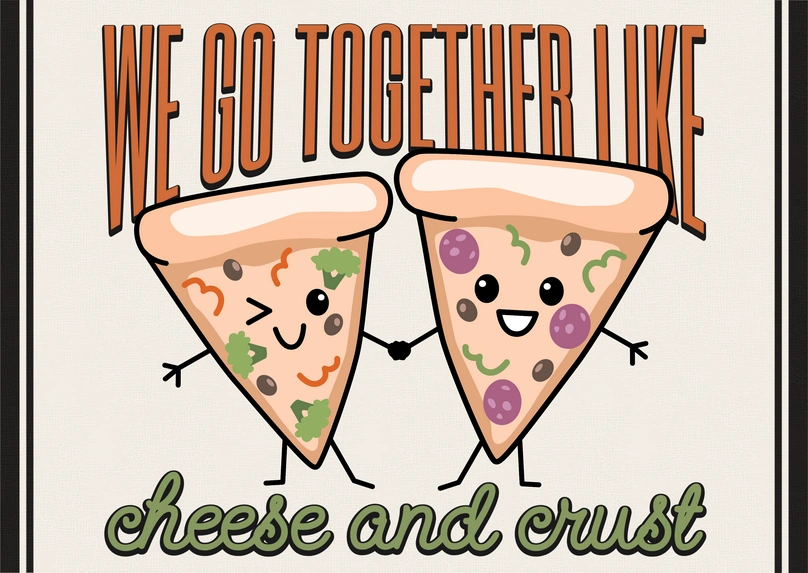 Pizza slices with smiling faces holding hands