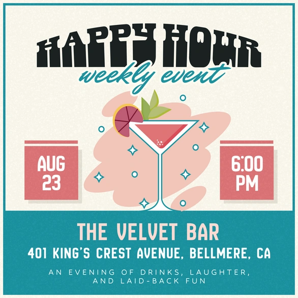 Weekly happy hour event at The Velvet Bar