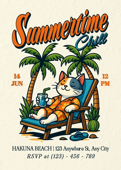 Summer party invitation featuring a relaxing cat
