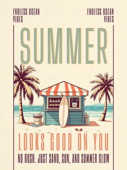 Summer beach scene with a surfboard and beach hut