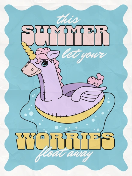 Summer relaxation poster with unicorn float