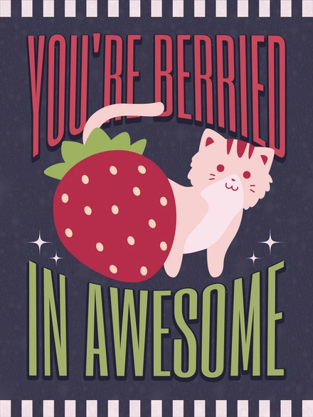 Illustration of a strawberry-themed cat with playful text