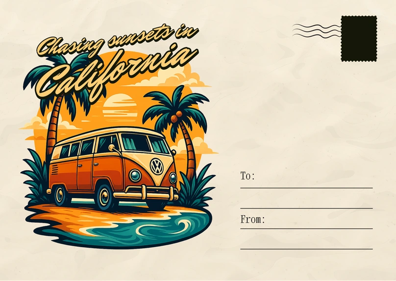A scenic postcard design featuring a van and palm trees.