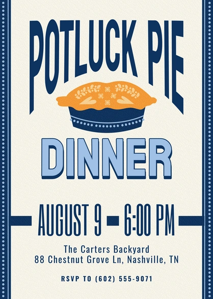 Invitation to a potluck pie dinner