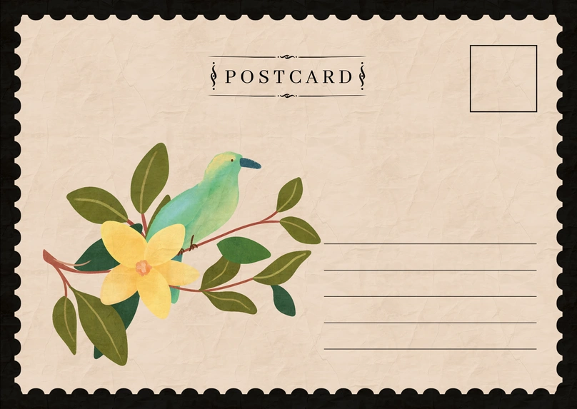 A picturesque postcard featuring a bird and flower illustration.