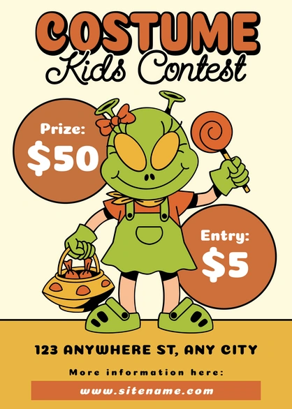 A colorful and playful advertisement for a kids' costume contest with details on prize and entry.