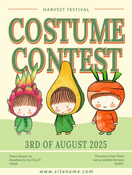 Costume contest announcement for a harvest festival with children dressed in produce outfits.